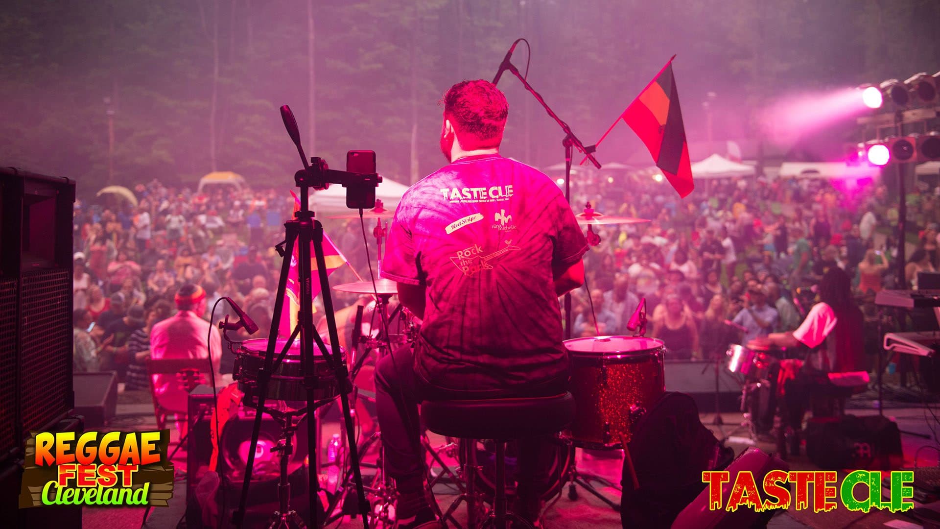 The stage at Reggae Fest Cleveland, looking out over the drummer to the crowd